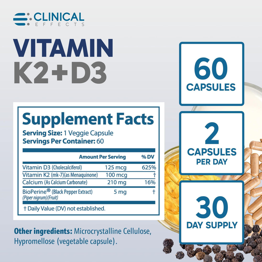Clinical Effects Vitamin K2 + D3 USA manufacturing stamp indicating quality.