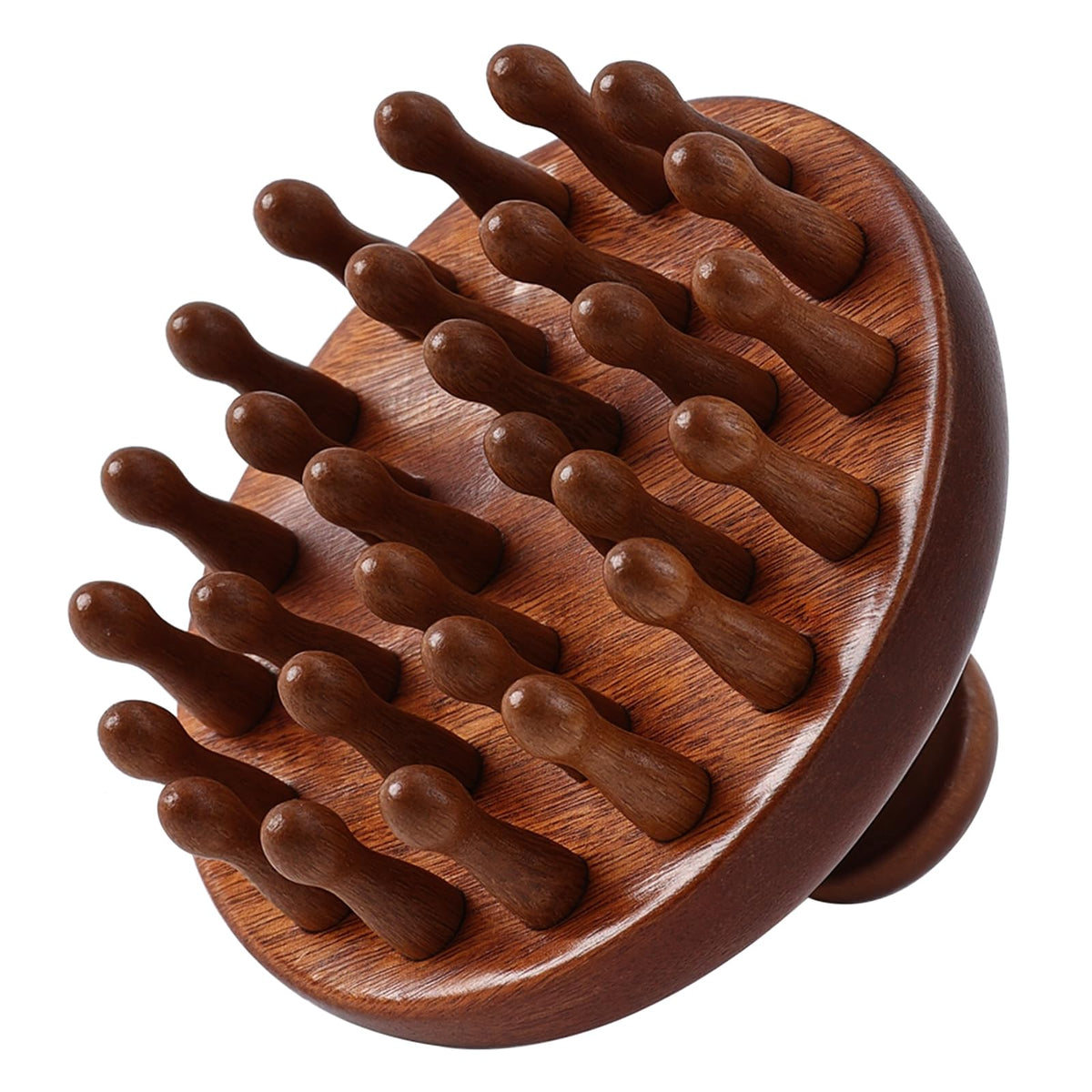 Clofiak wooden scalp massager with 28 claws gliding on scalp for relaxation.