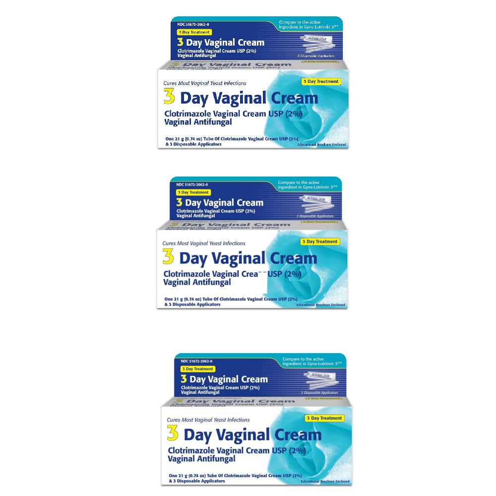 Clotrimazole 3-Day Vaginal Cream pack of 3 tubes ready for discreet storage.
