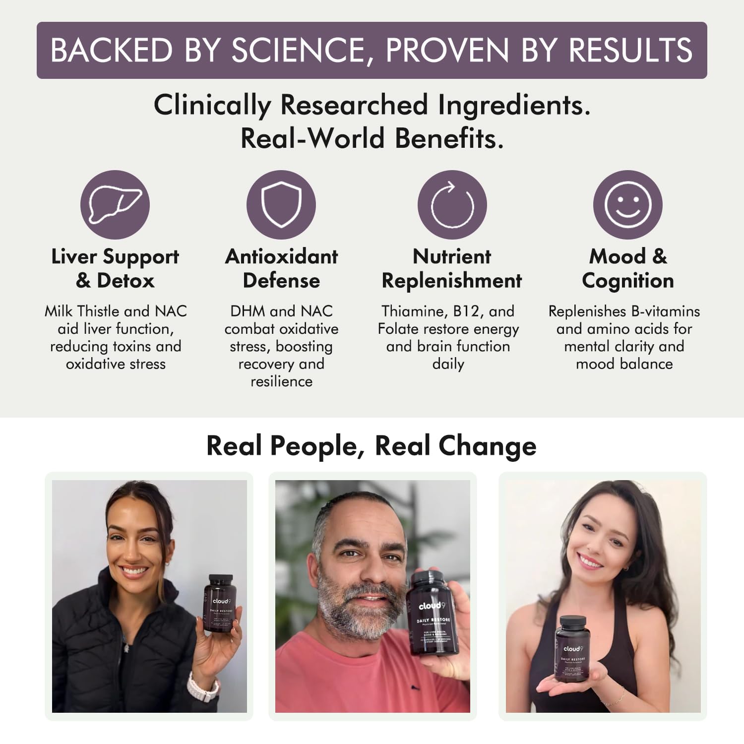 Cloud9 Daily Restore bottle pour demonstrating easy dosing.