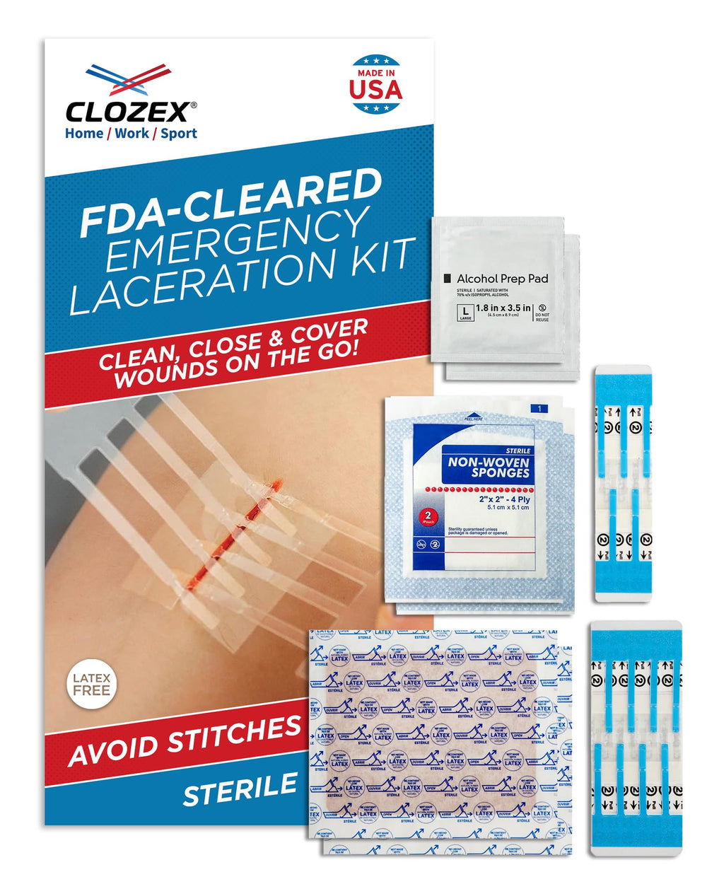 Clozex Complete Emergency Laceration Kit closures ready for quick non-invasive wound closure