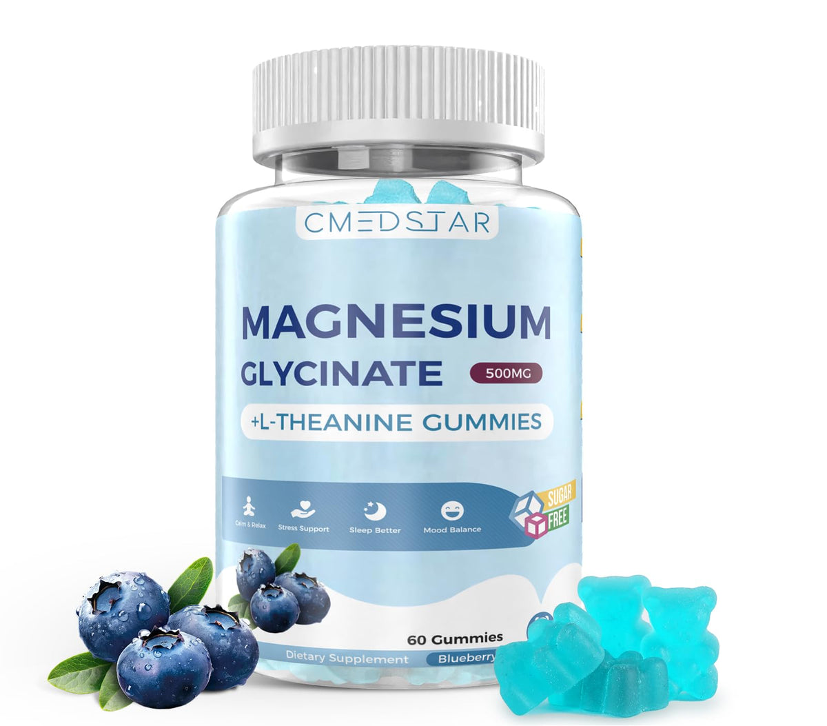 CMEDSTAR magnesium glycinate gummies bottle shows blueberry flavor and family-friendly calming potential.