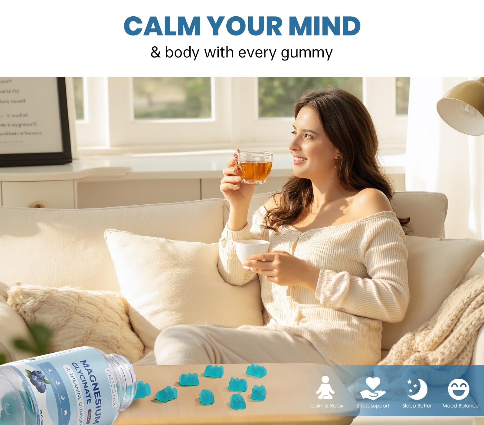 CMEDSTAR magnesium glycinate gummies label emphasizes sugar-free vegan formulation.