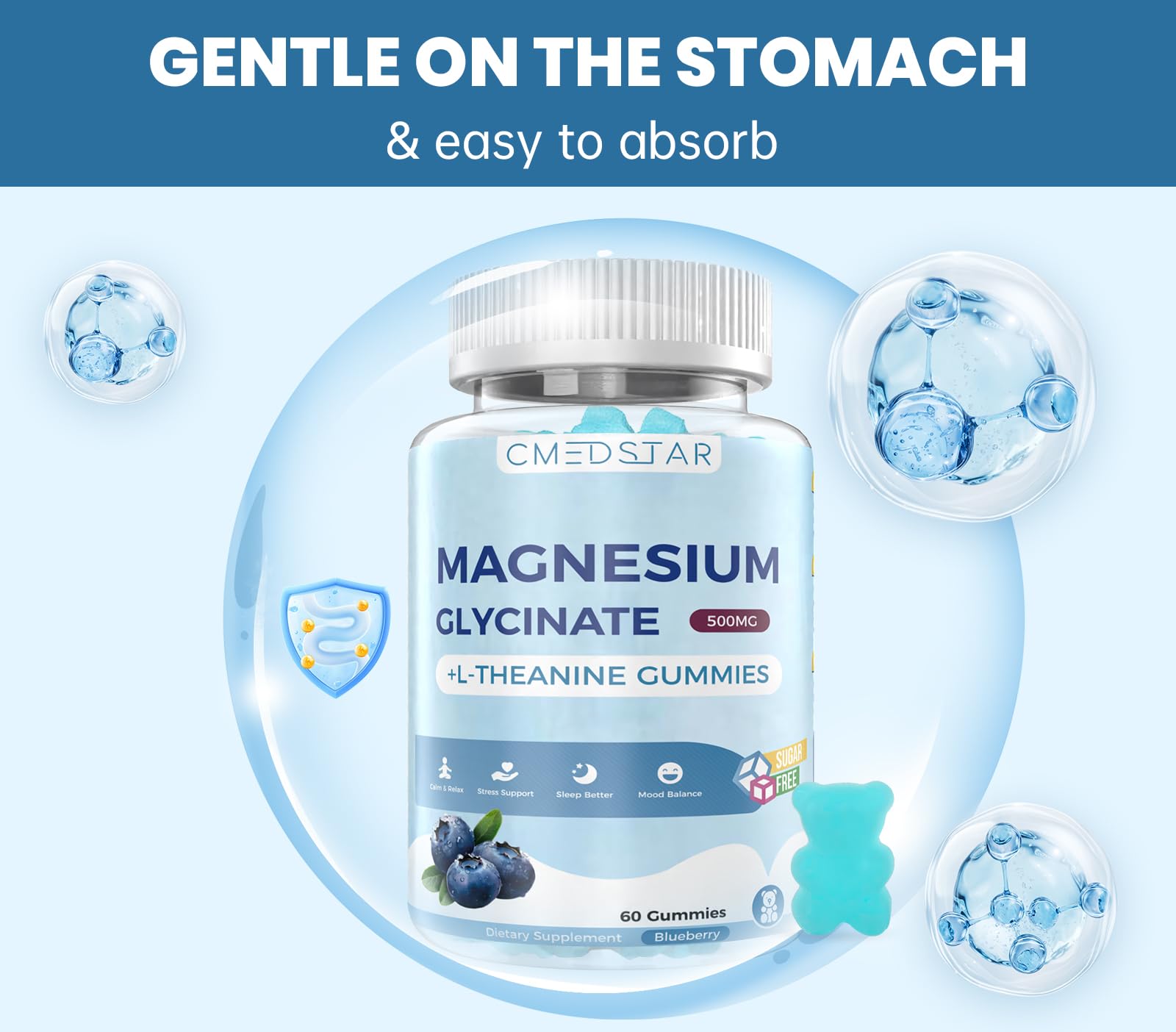 CMEDSTAR gummies pouring shot demonstrates tasty blueberry flavor and easy consumption.