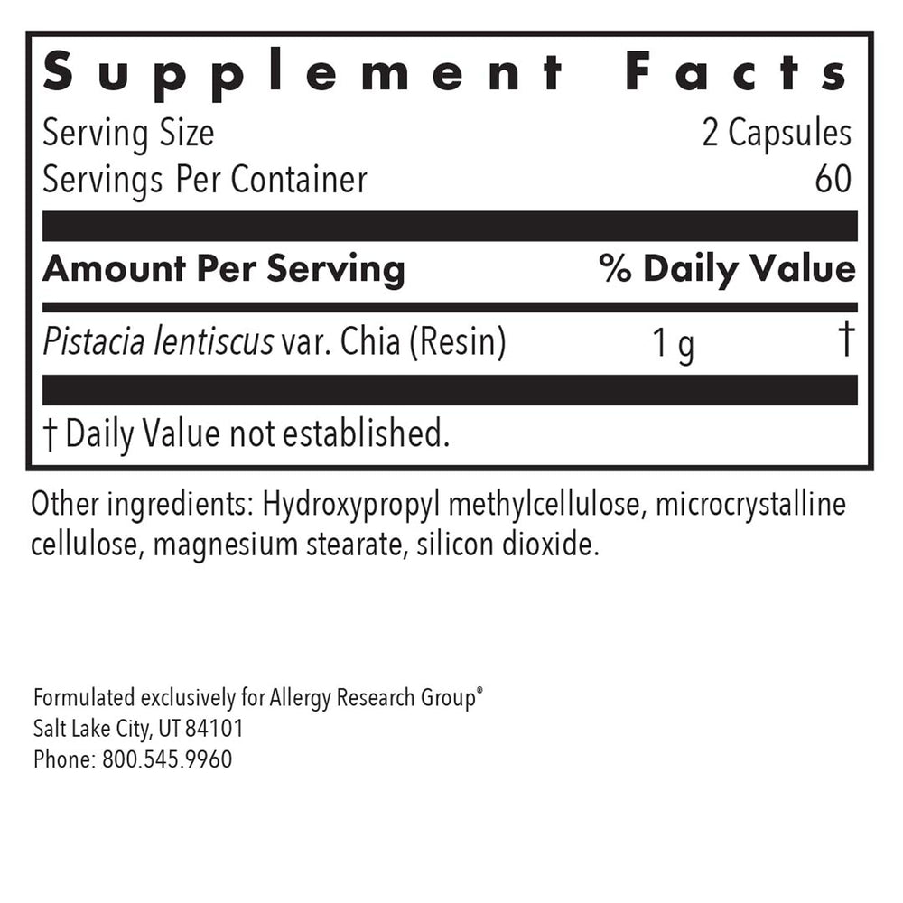 Allergy Research Group CMGA-certified mastic resin per capsule label demonstrates authenticity and quality