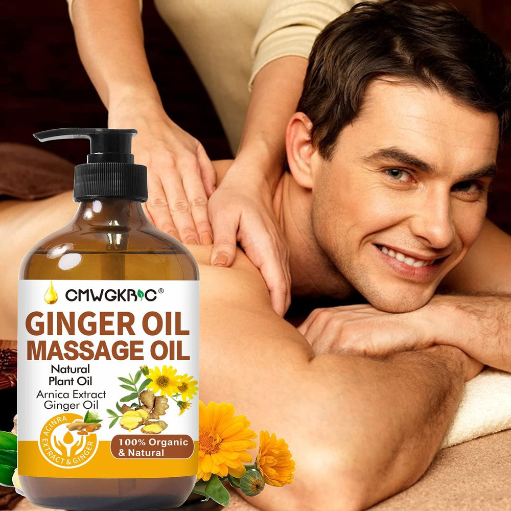CMWGKBC sore muscle-relief oil shown during a soothing massage.