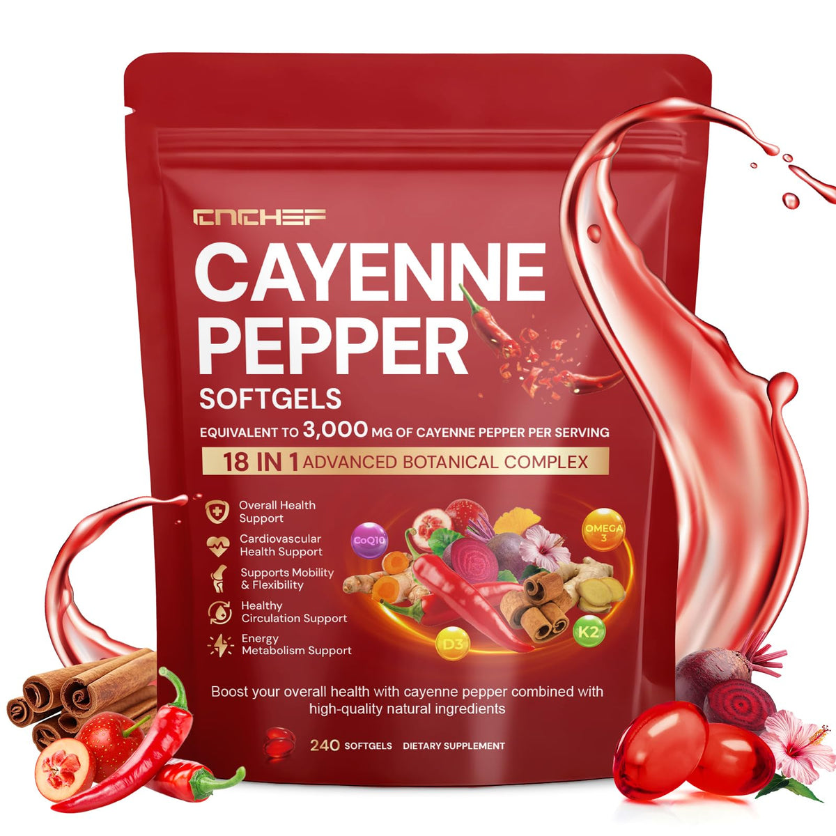 CNCHEF Cayenne Pepper Softgels bottle highlighting circulation support for daily vitality