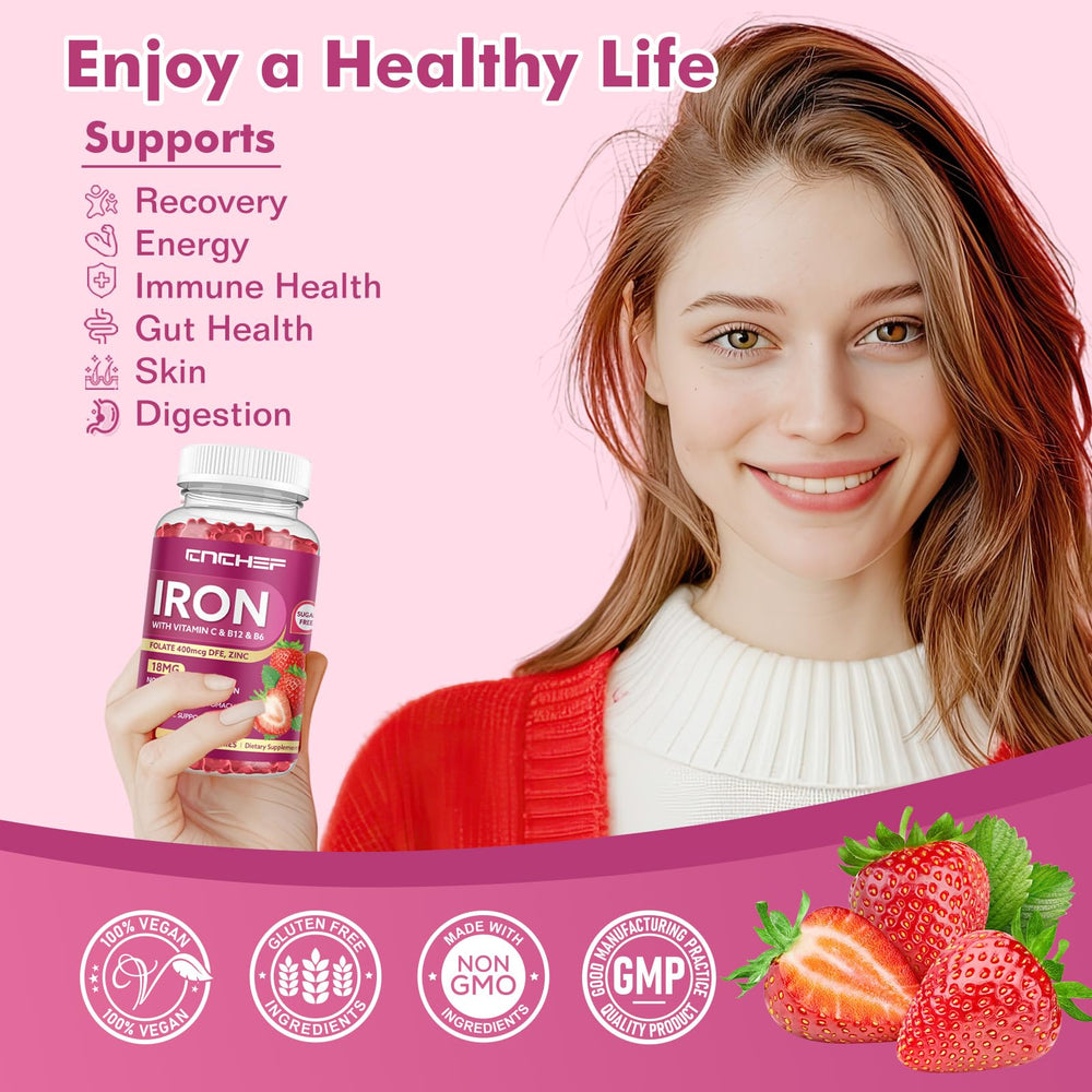 CNCHEF iron gummies jar back label showing nutrient details for balanced intake.