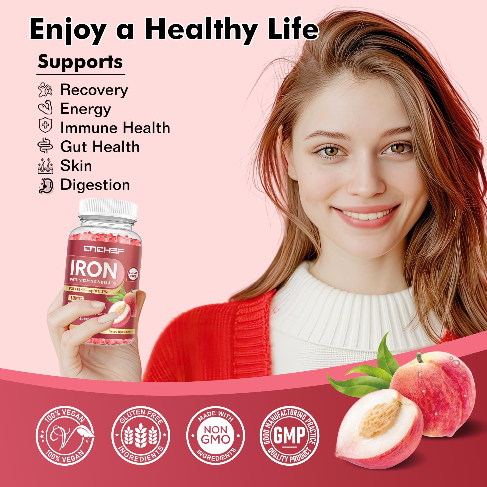 Close-up of CNCHEF Iron Gummies in peach flavor for tasty iron intake.