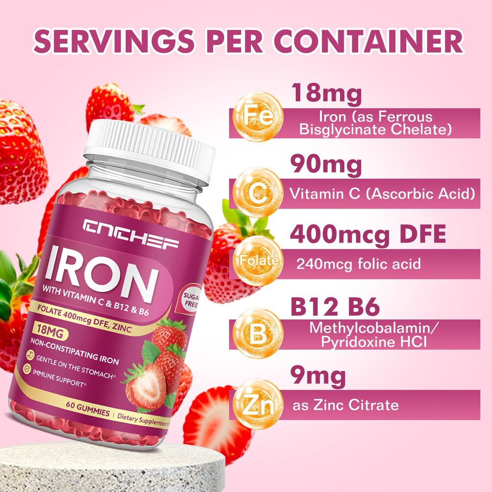 CNCHEF iron gummies bears close-up highlighting strawberry flavor and kid-friendly form.