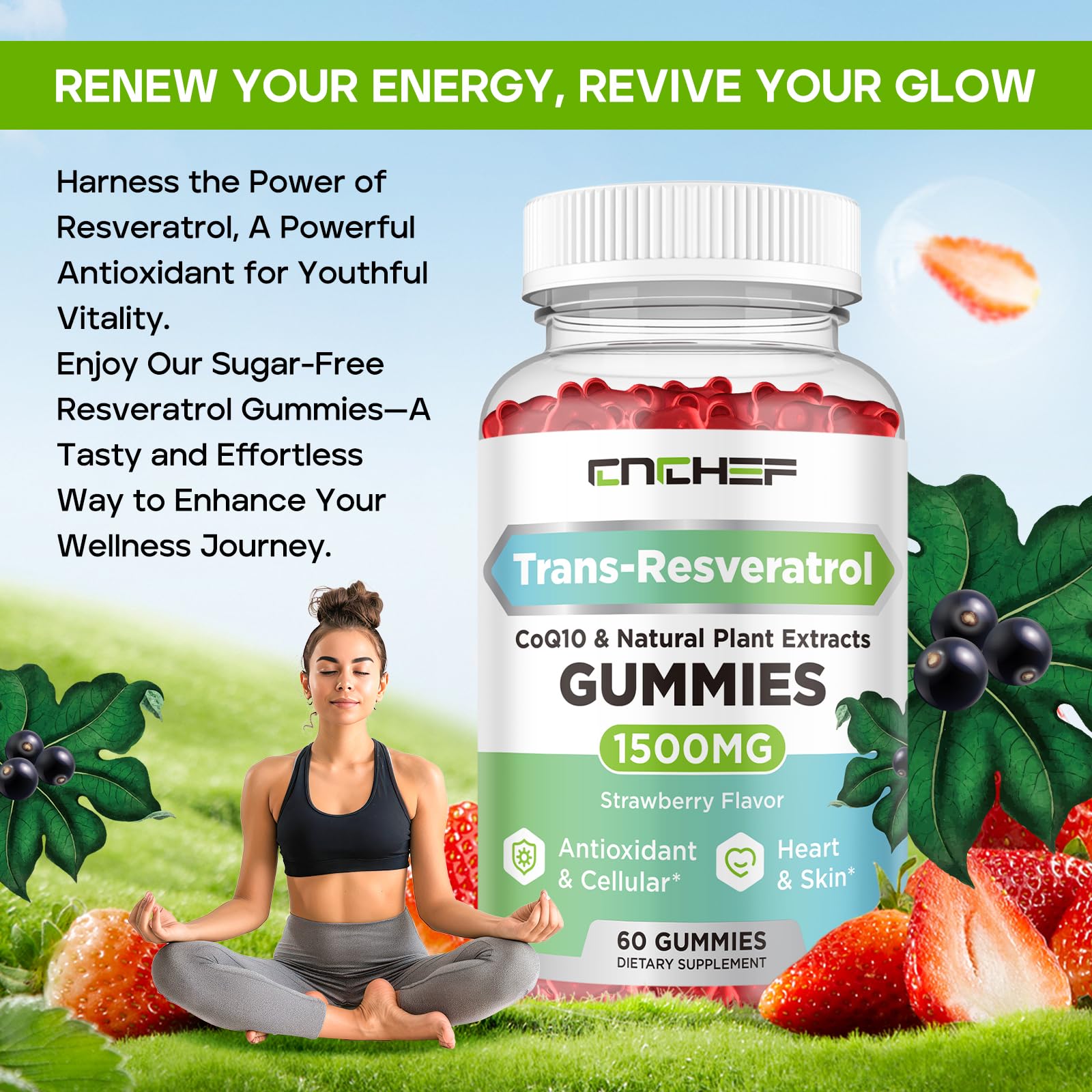 Close-up of CNCHEF Trans-Resveratrol gummies in strawberry flavor.