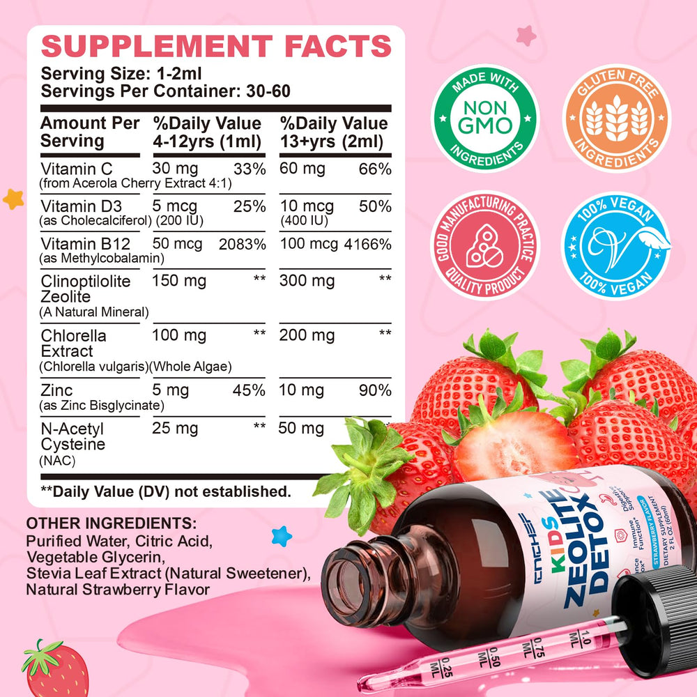 CNCHEF Zeolite Detox Drops close-up label highlighting vitamin blend.