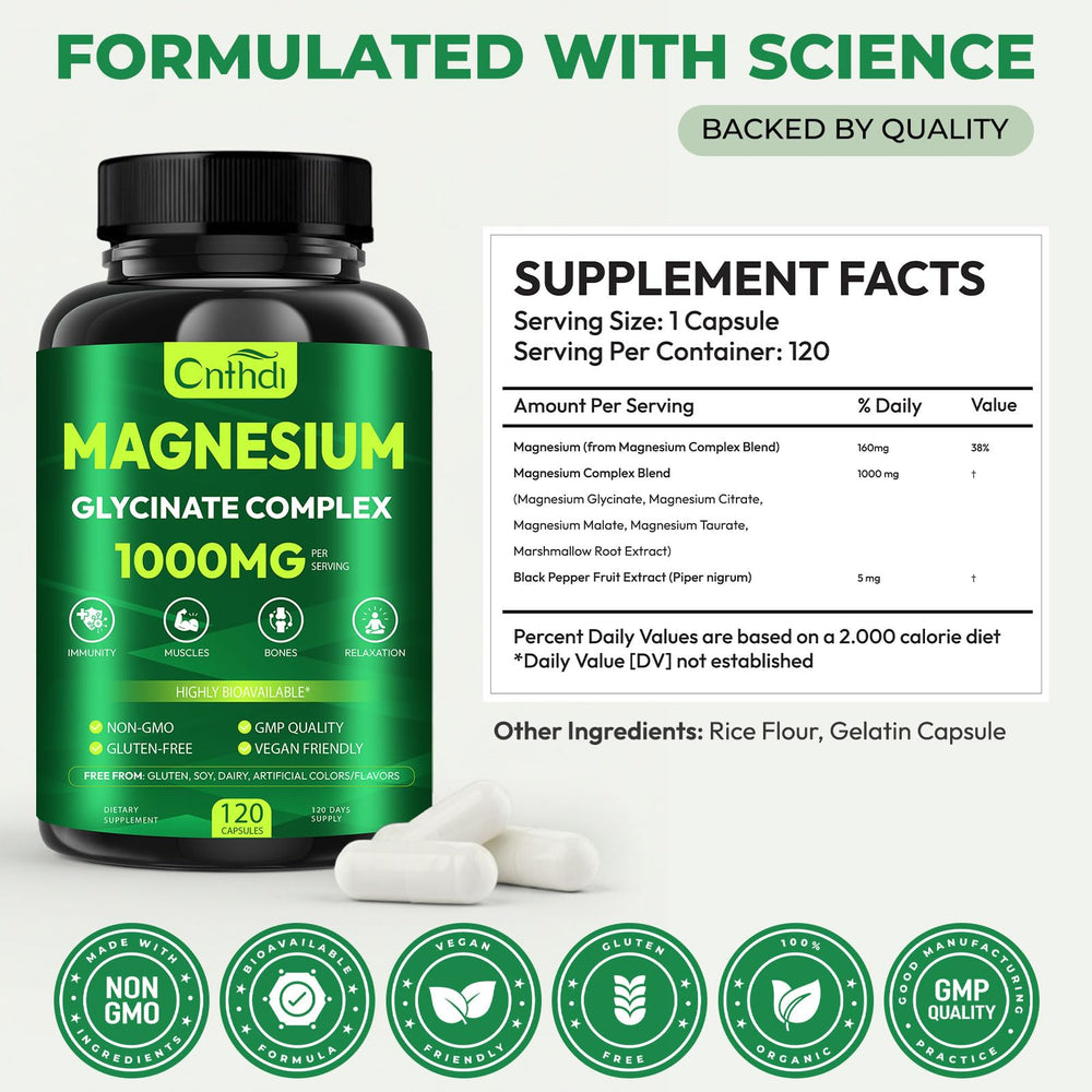 CNFHDI 4-in-1 blend infographic highlights glycine, citrate, malate, and taurate benefits.