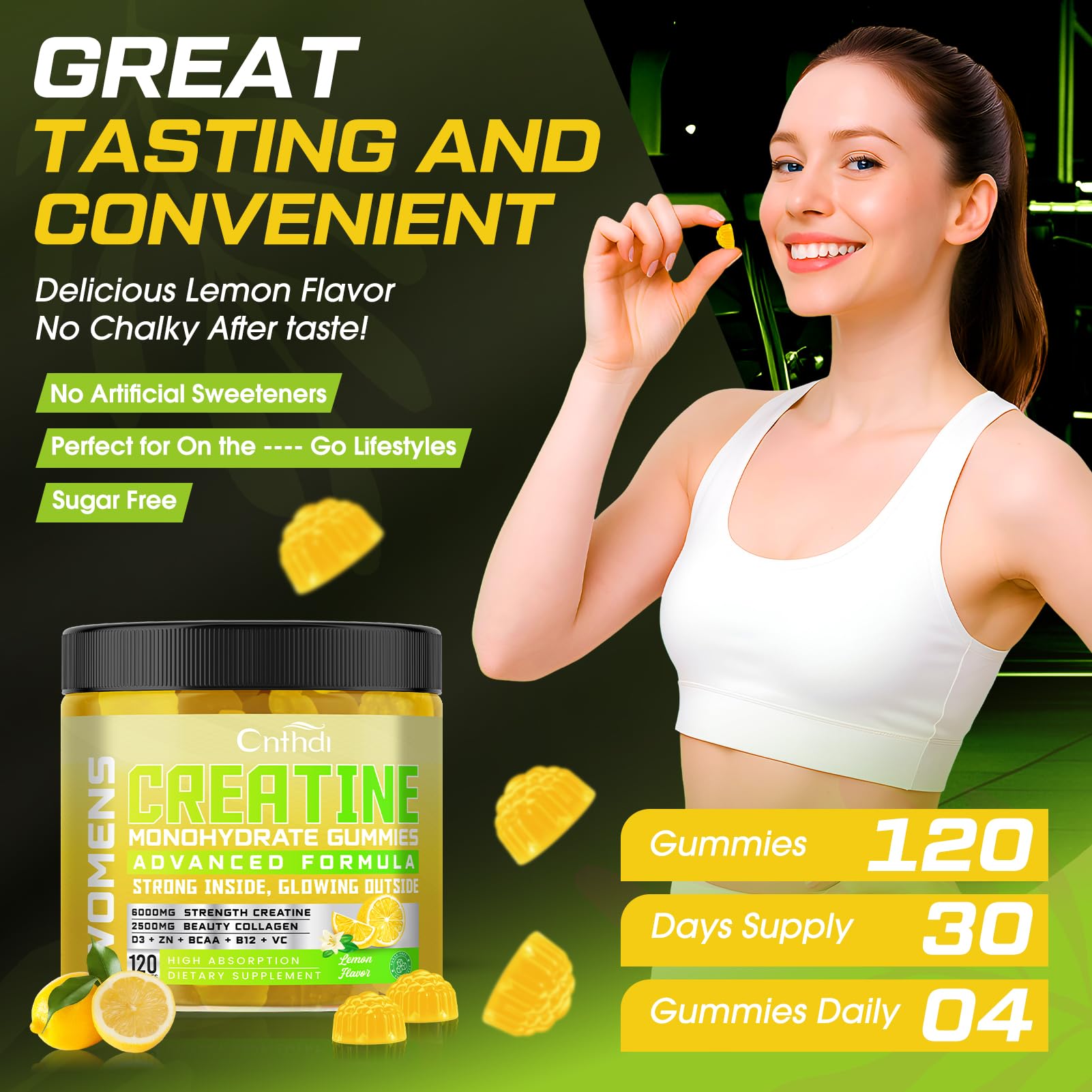 CNFHDI Creatine Gummies with BCAAs 2:1:1 for post workout muscle care.