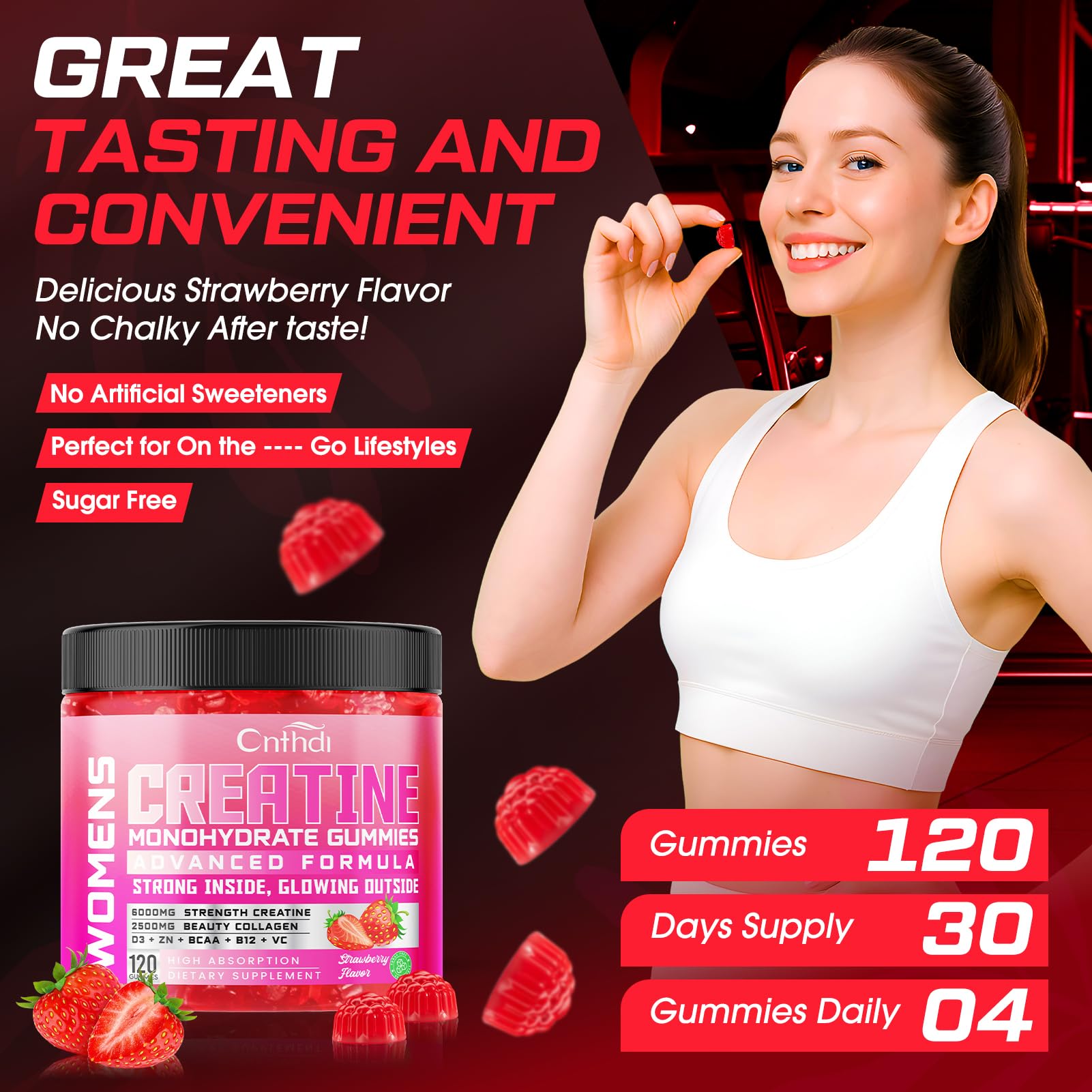 CNFHDI creatine gummies beta-alanine visual suggesting fatigue reduction.