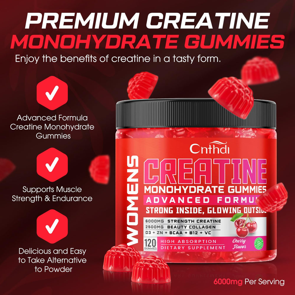 CNFHDI Creatine Gummies cherry flavor close-up, tasty vegan daily option.