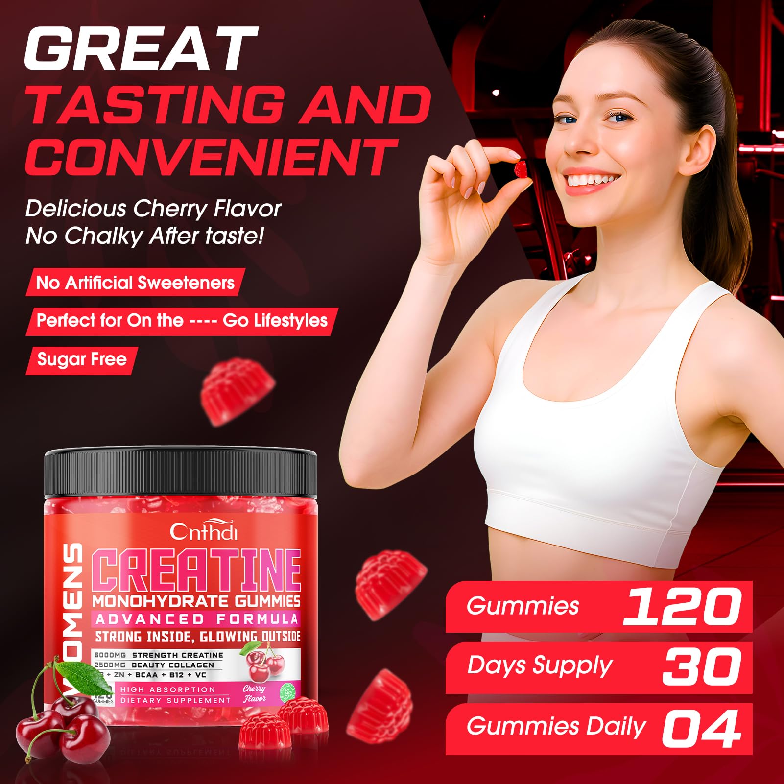 CNFHDI Creatine Gummies ingredients panel, vegan, sugar-free, Non-GMO.