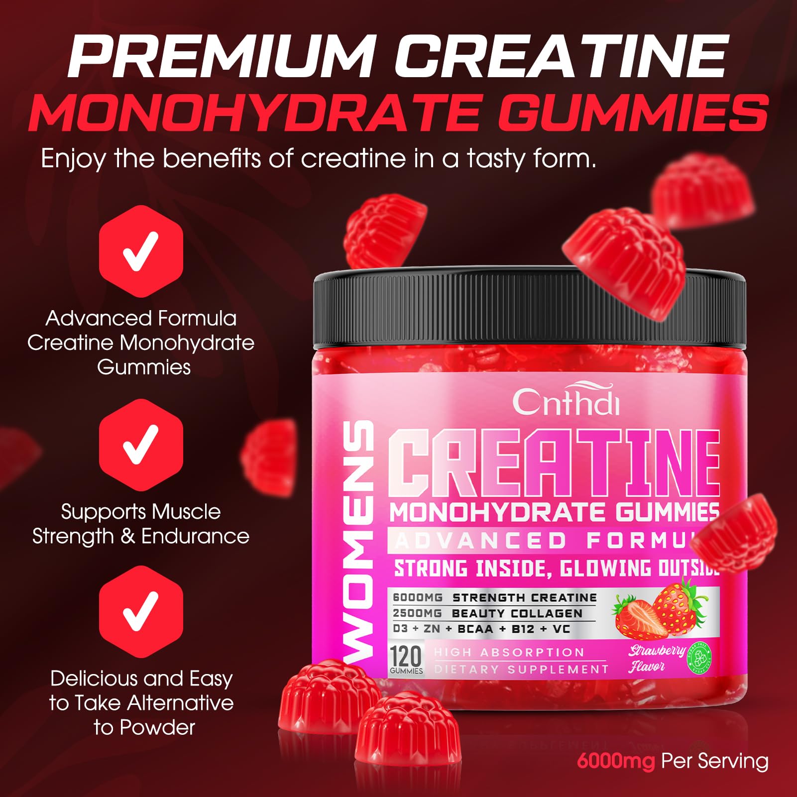 CNFHDI creatine gummies strawberry serving shows easy daily pre-workout snack.