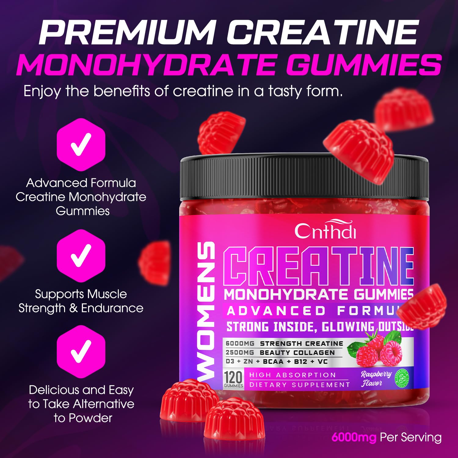 CNFHDI Creatine Gummies pack-shot emphasizing on-the-go fitness support.