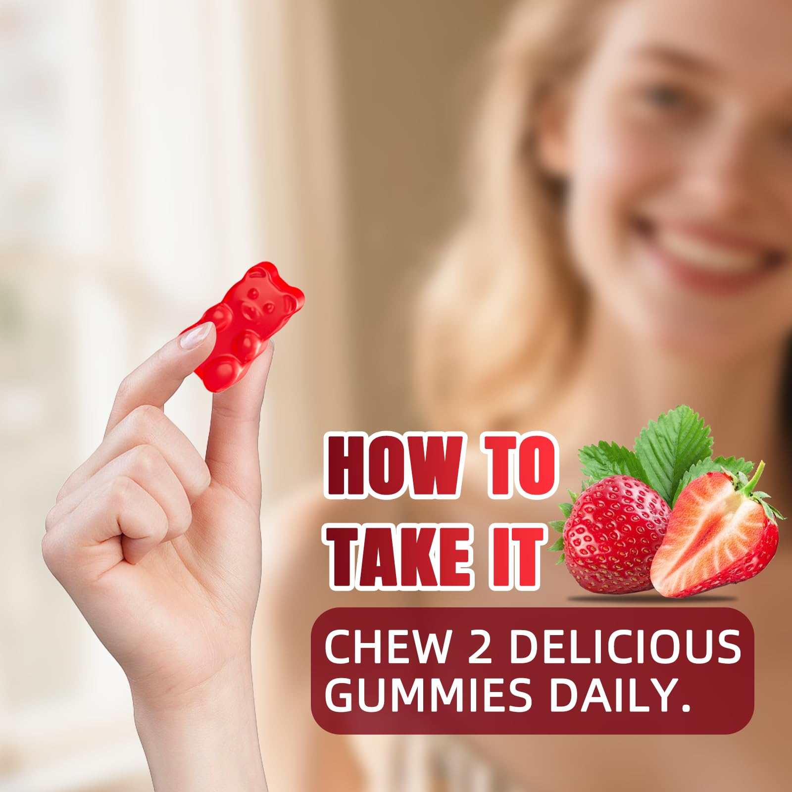 CNFHDI gummies close-up, pink strawberry color and soft chew texture.