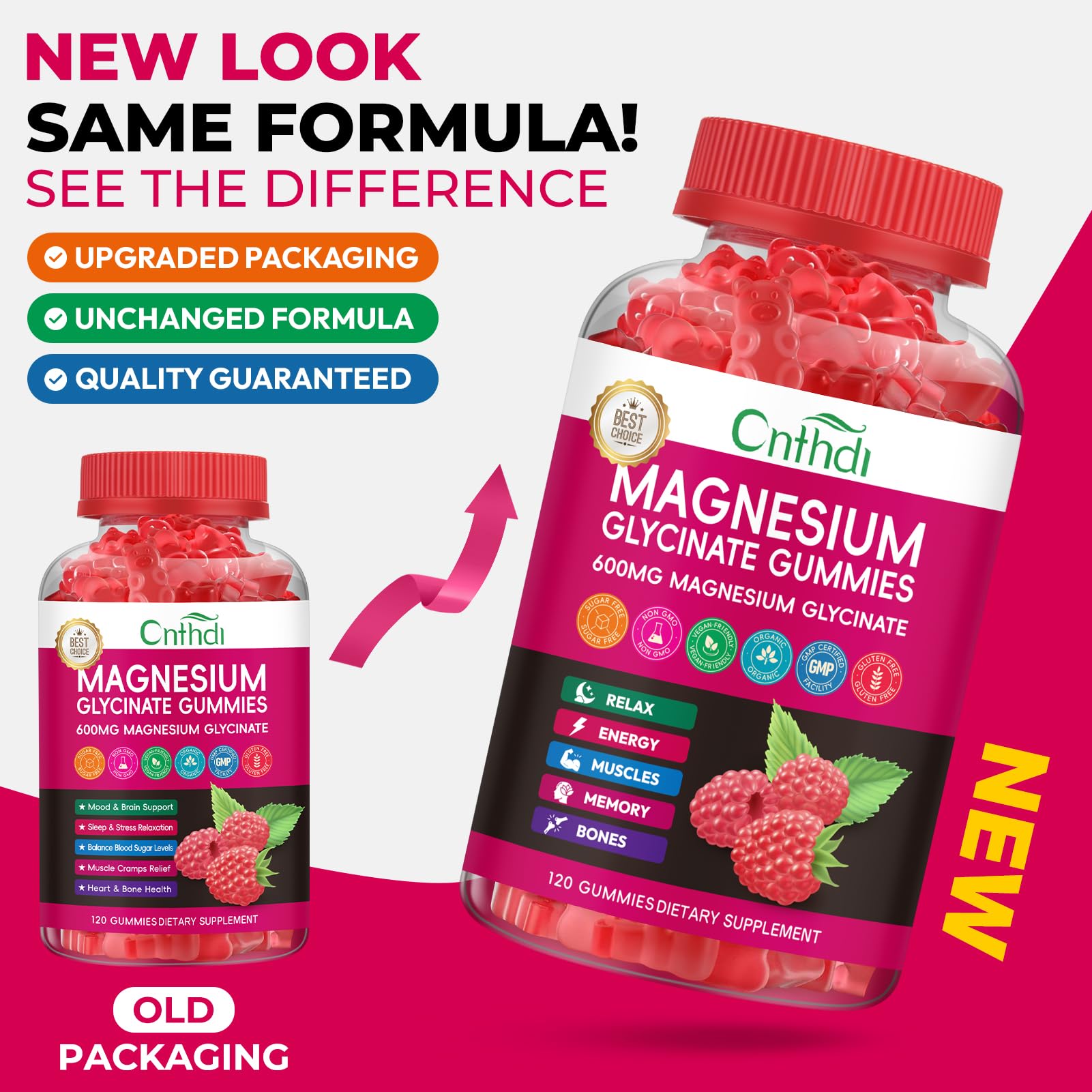 CNFHDI gummies bottle spilled to reveal convenient chewable daily magnesium.