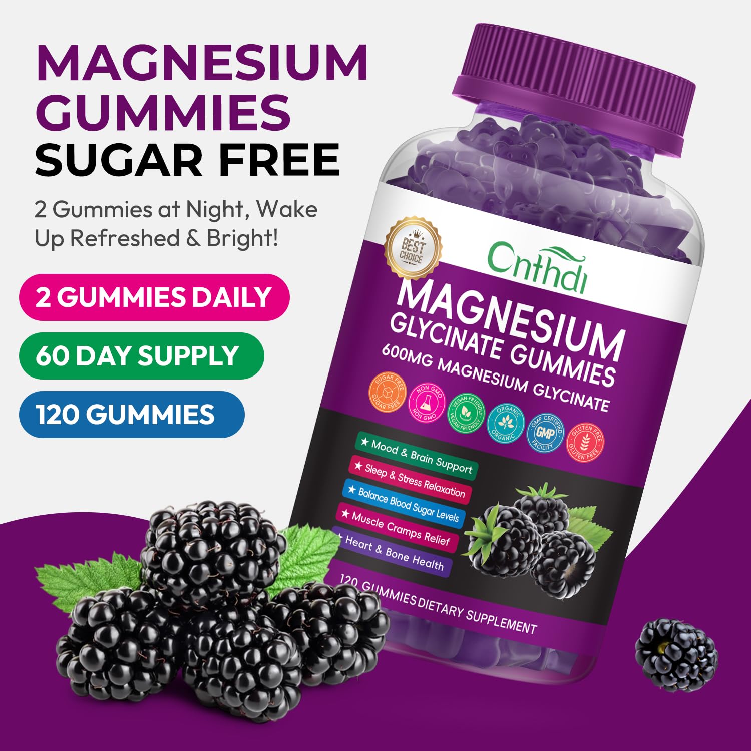 CNFHDI blackberry-flavored gummies shown as vegan and gluten-free