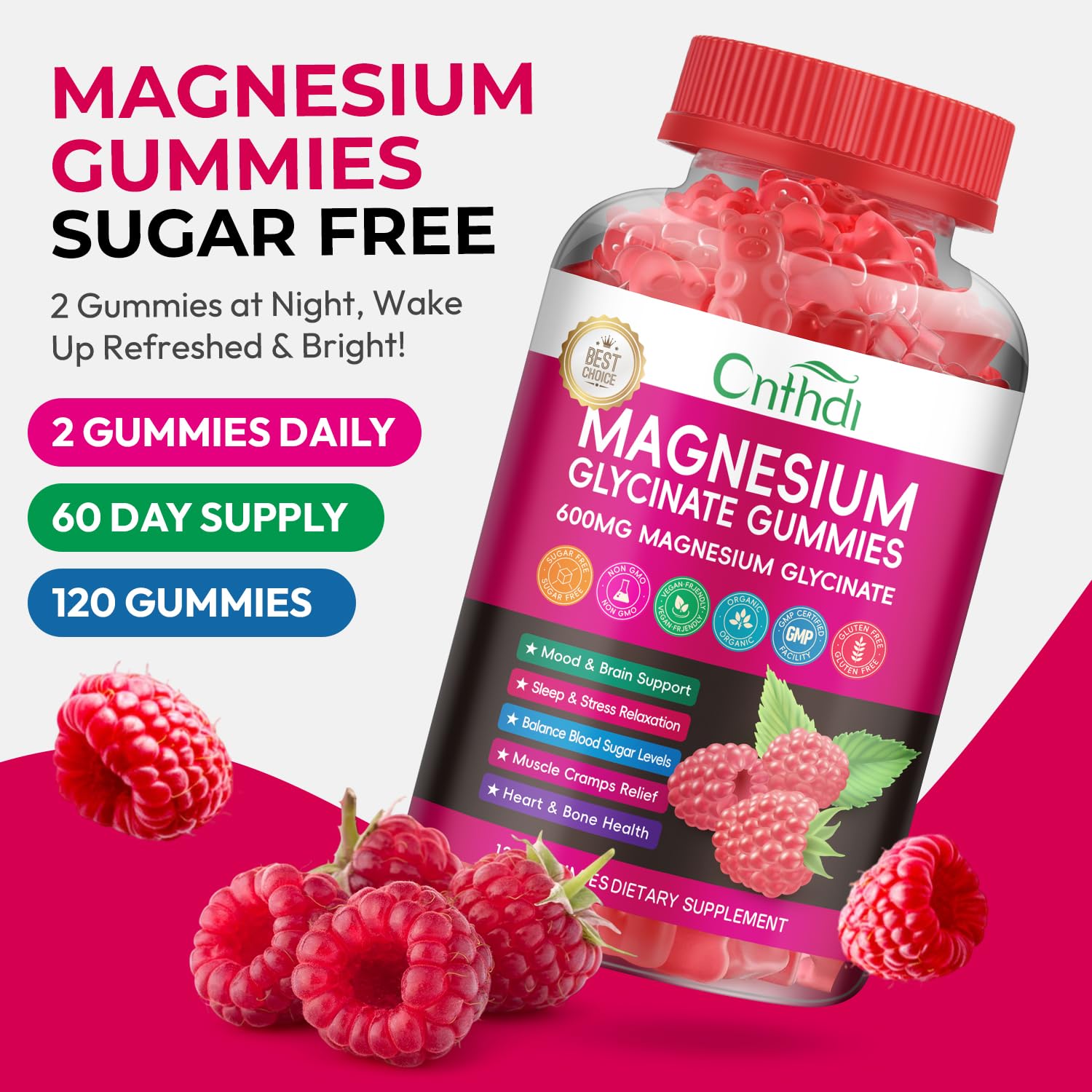 CNFHDI magnesium glycinate gummies raspberry flavor close-up.