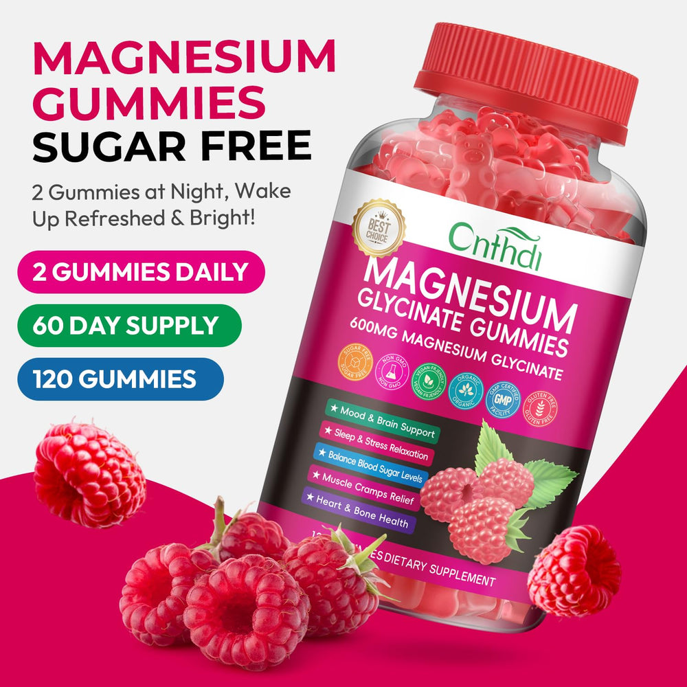CNFHDI magnesium glycinate gummies raspberry flavor close-up.