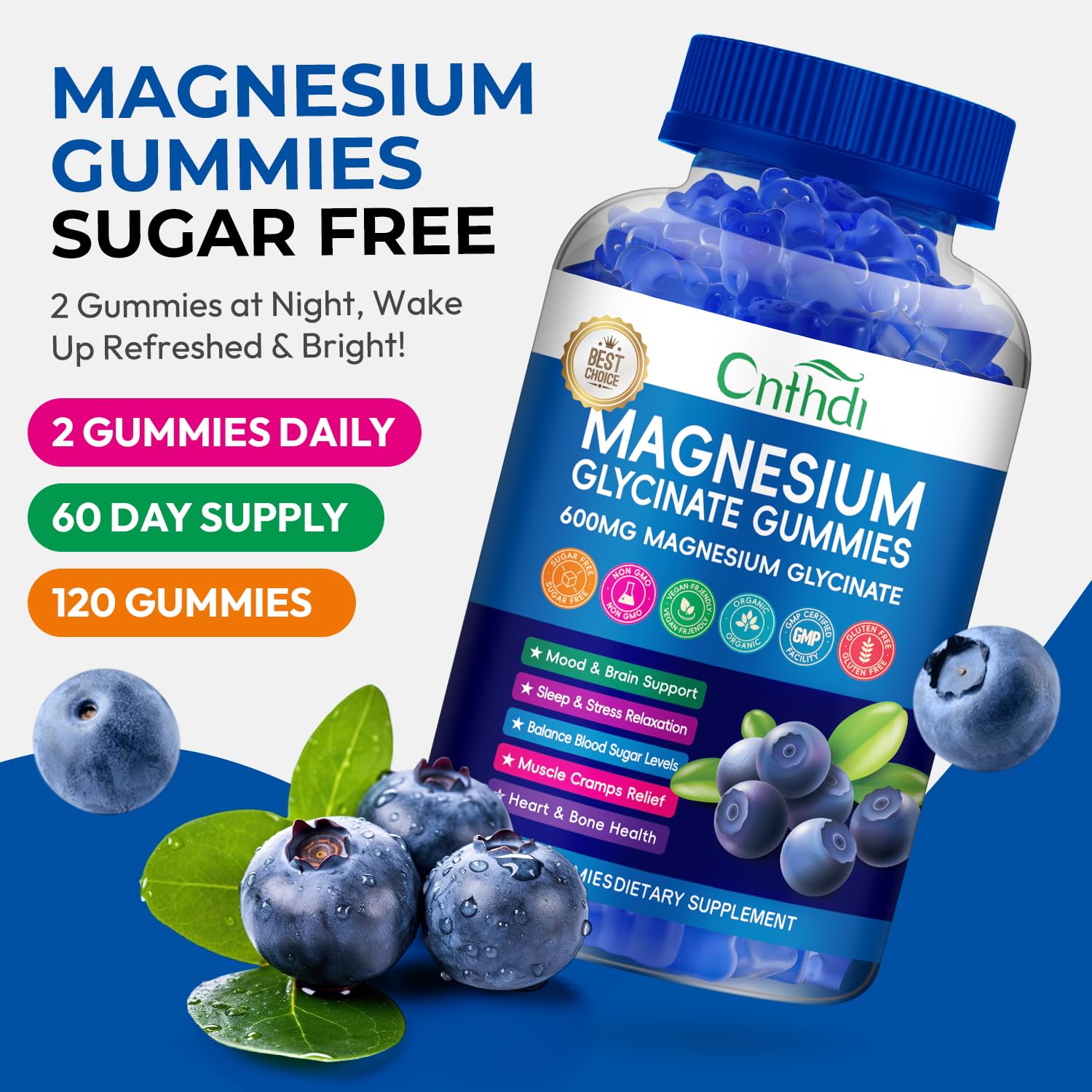 CNFHDI Magnesium Glycinate Gummies blueberry flavor closeup supports restful evenings.