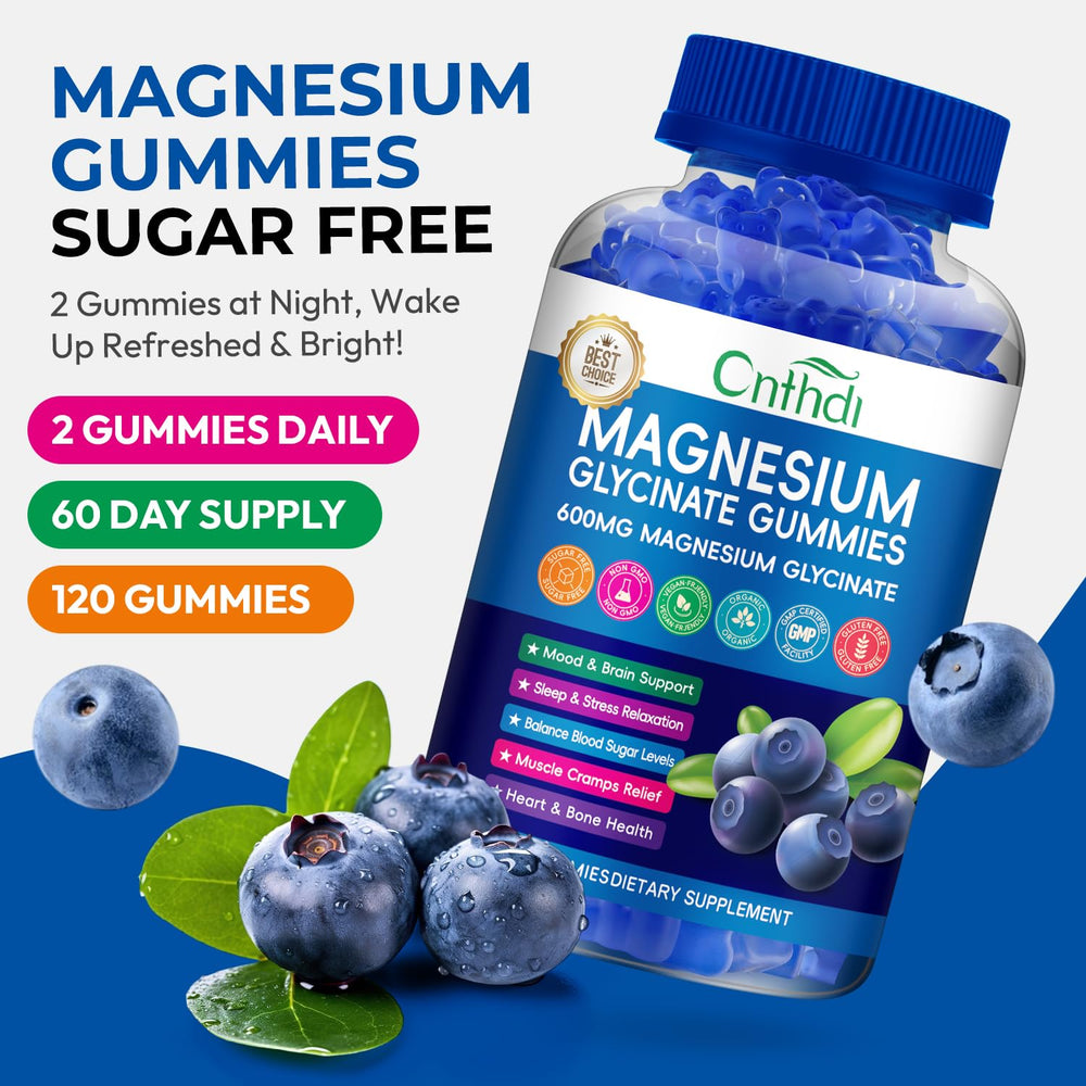 CNFHDI Magnesium Glycinate Gummies blueberry flavor closeup supports restful evenings.