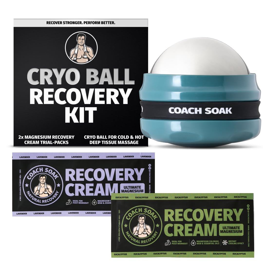 Coach Soak complete recovery package includes massage ball and magnesium cream.