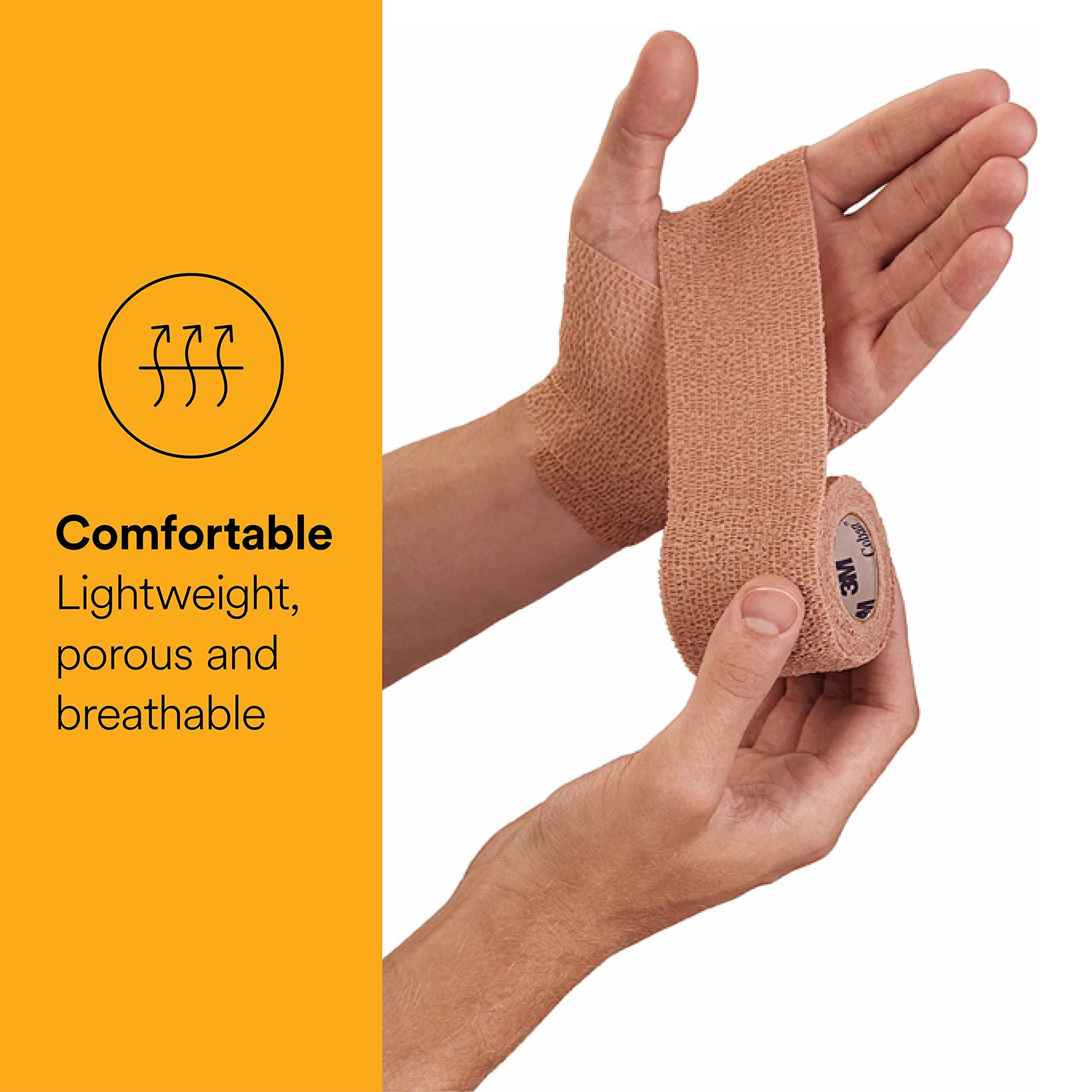 Coban 1584 tan wrap demonstrating self-adhesion to protect a dressing without clips