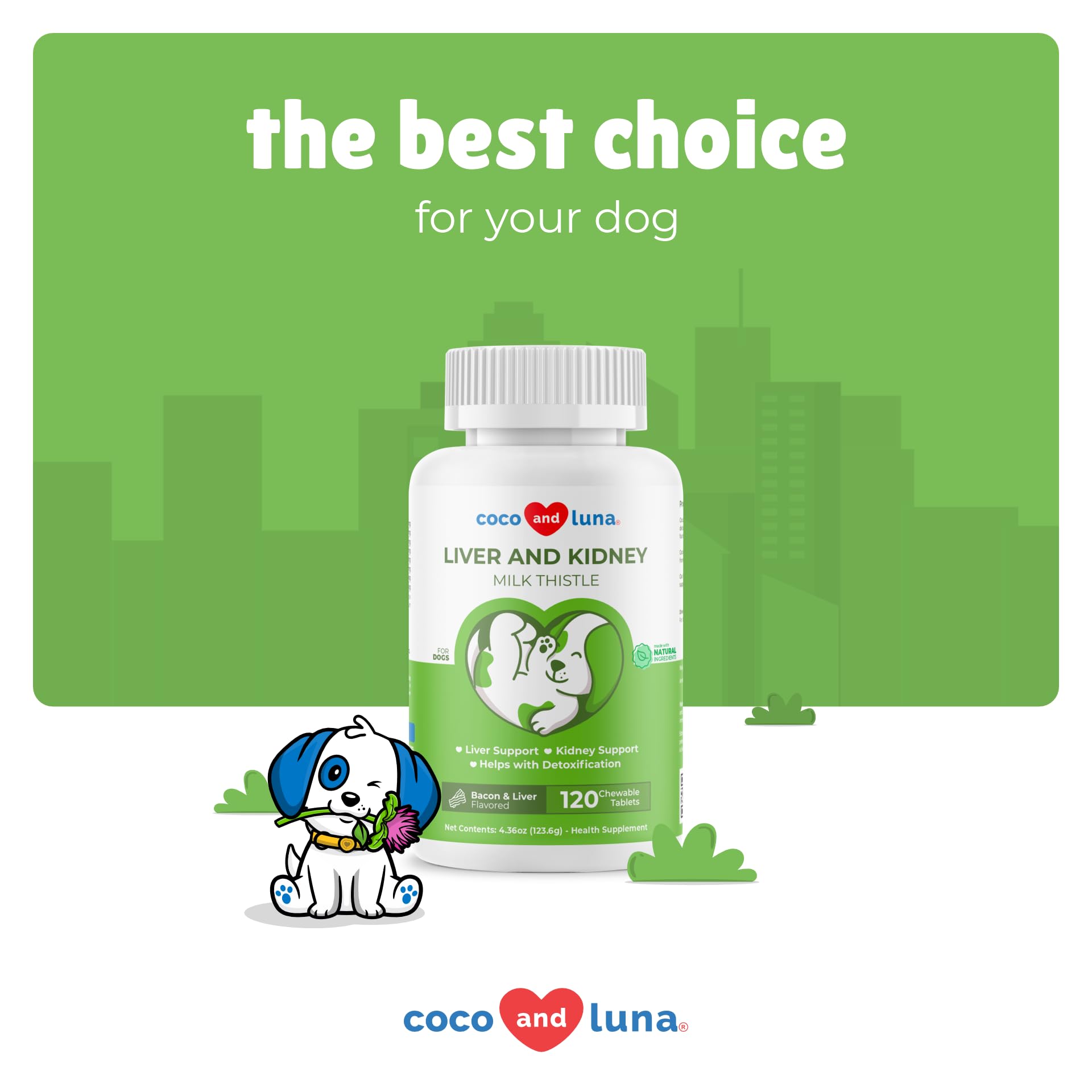 Coco and Luna Health benefits section shows Dandelion Root and Yellow Dock for detox.