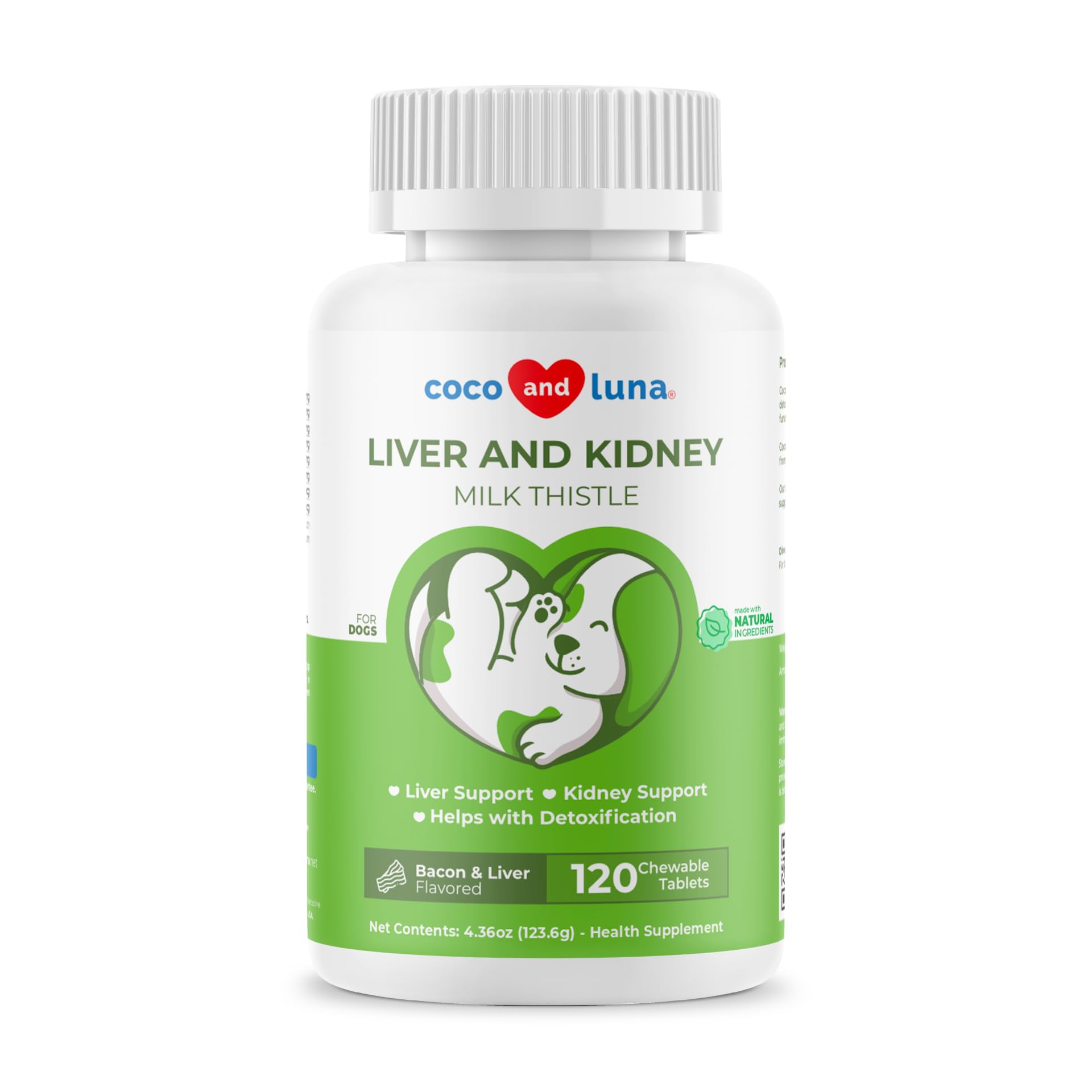 Coco and Luna Milk Thistle for Dogs bottle label highlighting liver and kidney support.