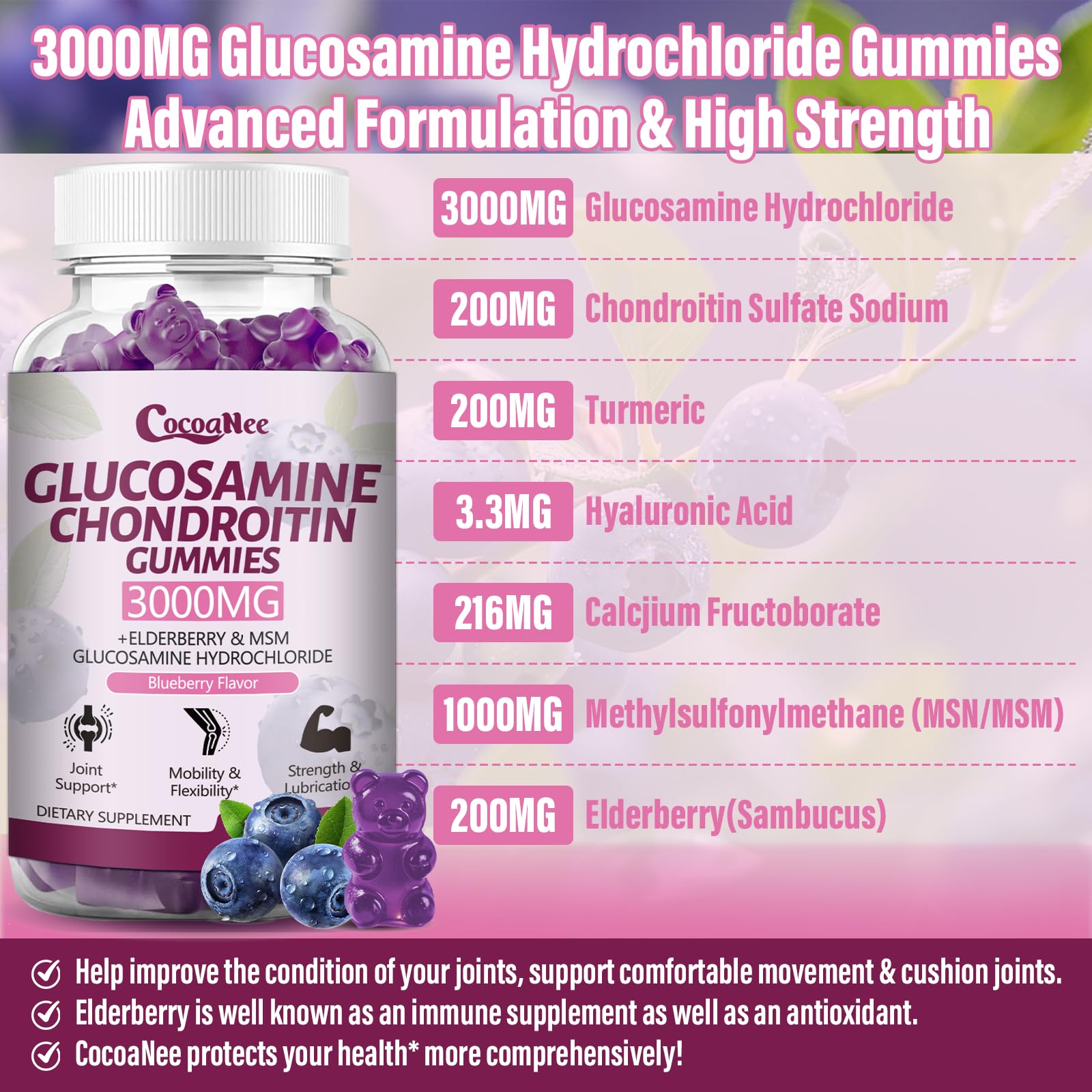 Label on CocoaNee gummies shows 3000mg glucosamine per serving for joint support planning