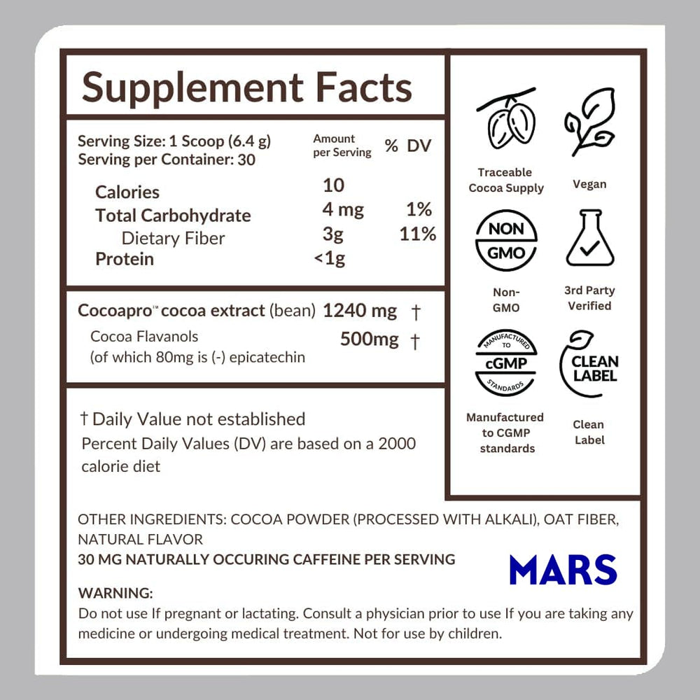 CocoaVia Cardio Health powder in hot cocoa beverage, rich cacao color.