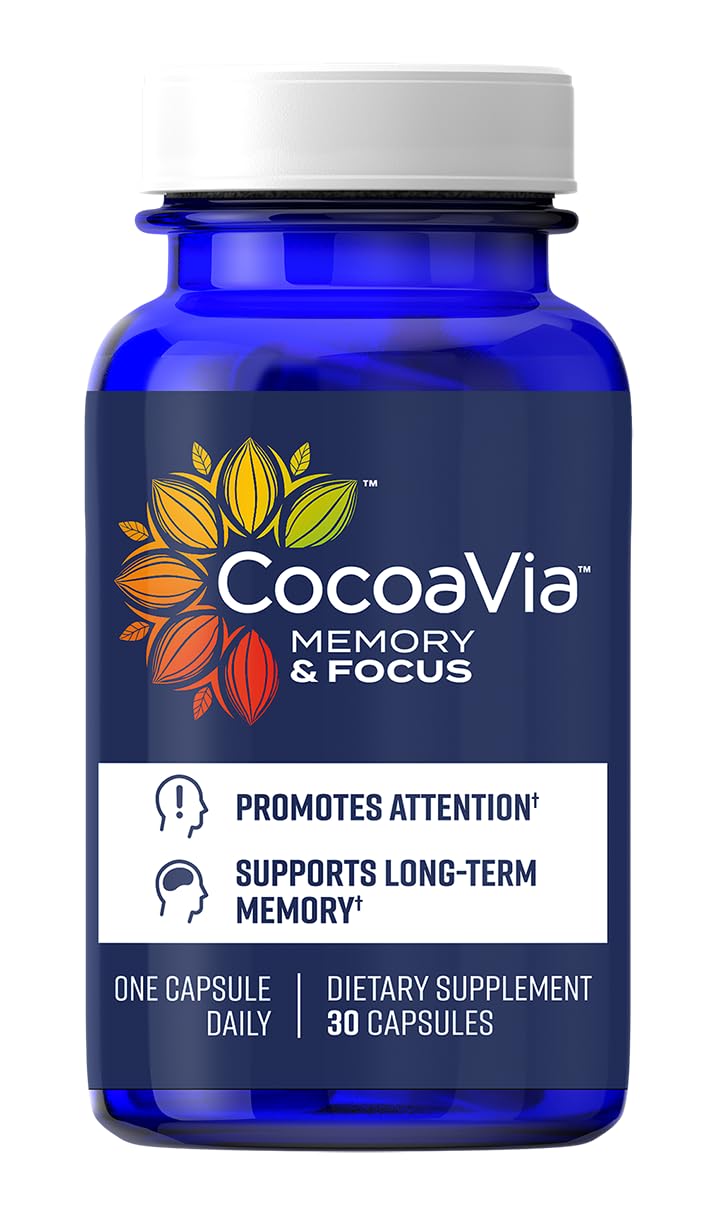 CocoaVia Memory & Focus bottle front highlighting a brain-boosting formula for daily use.