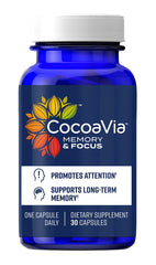 CocoaVia Memory & Focus bottle front highlighting a brain-boosting formula for daily use.