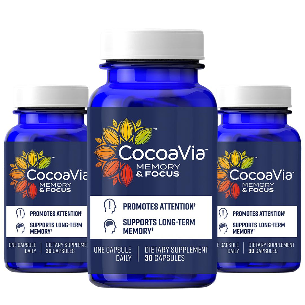 CocoaVia memory & focus bottle showing the brain-boost formula for daily use.