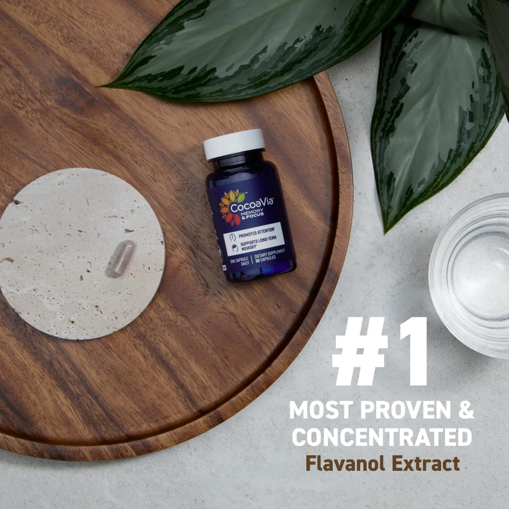 CocoaVia memory & focus capsules close-up highlighting vegan capsules for support.