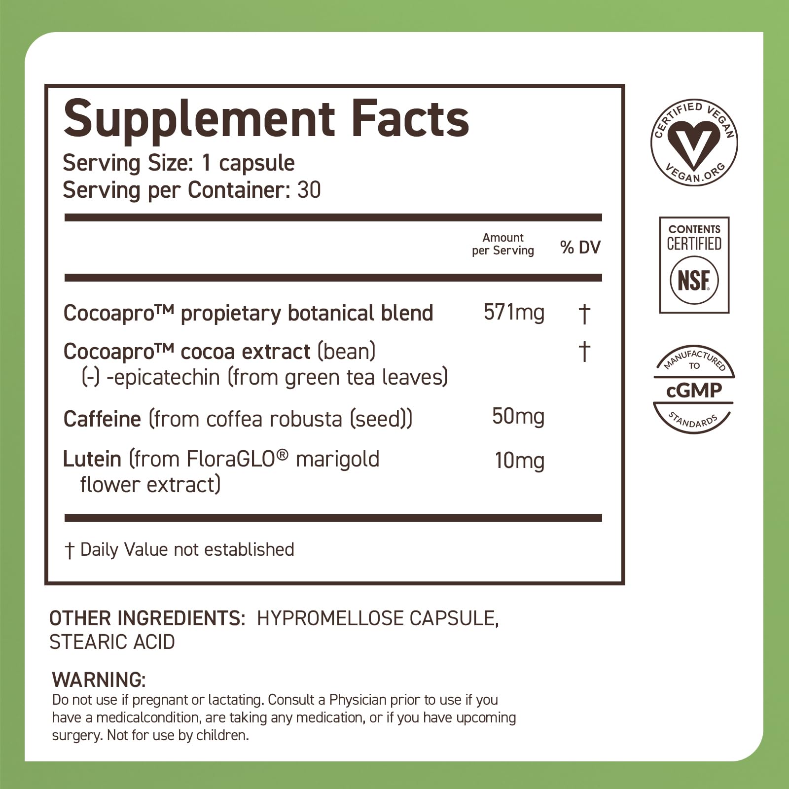 CocoaVia Memory & Focus vegan seal reassures plant-based brain support.