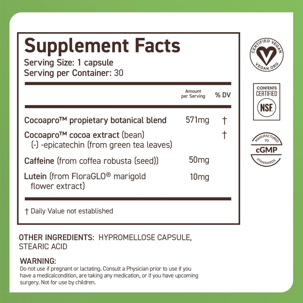 CocoaVia Memory & Focus vegan seal reassures plant-based brain support.