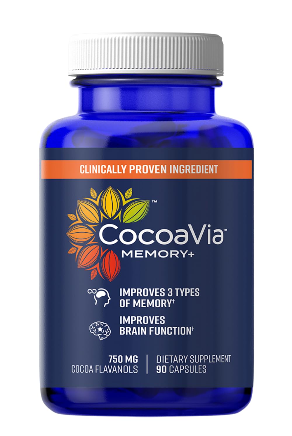 CocoaVia Memory+ bottle poured for daily cognitive support.