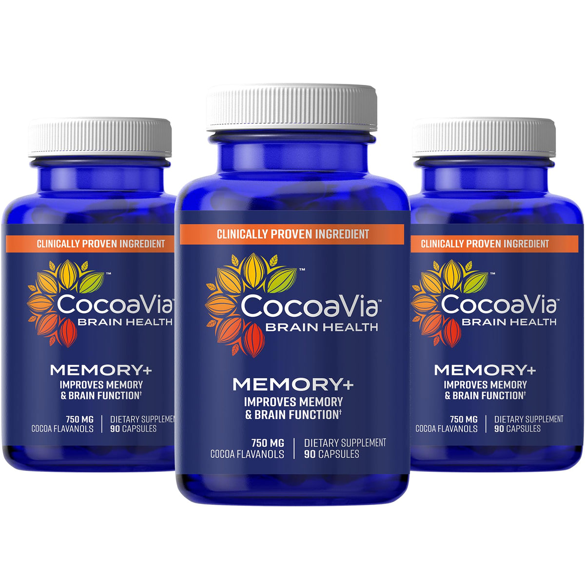 CocoaVia Memory+ capsules bottle on a shelf highlighting vegan brain-support capsules.