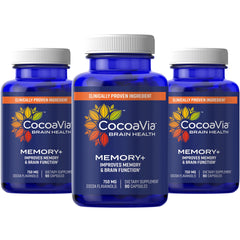 CocoaVia Memory+ capsules bottle on a shelf highlighting vegan brain-support capsules.