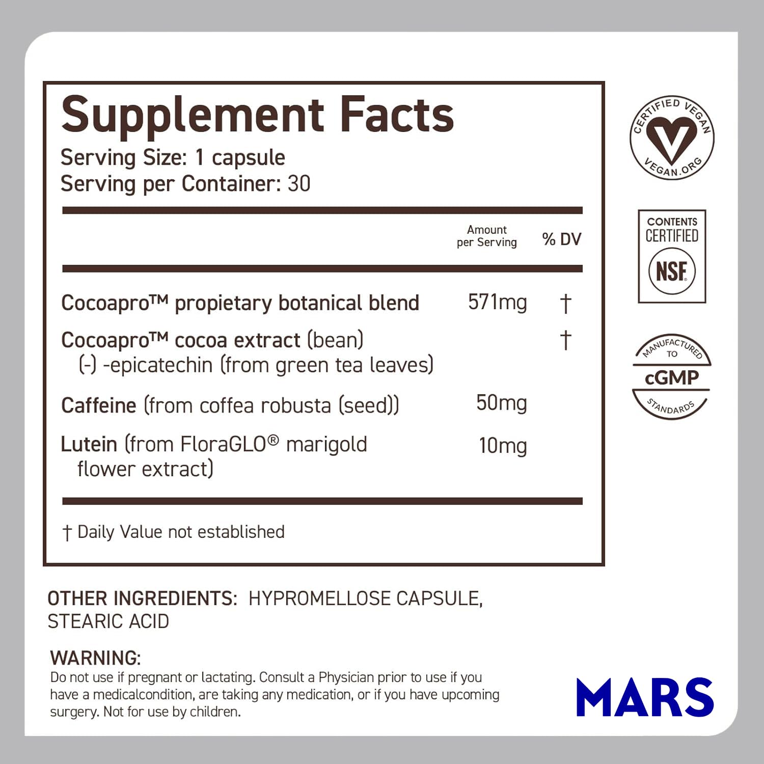 CocoaVia vegan plant-based formula bottle label communicates vegan ingredients.