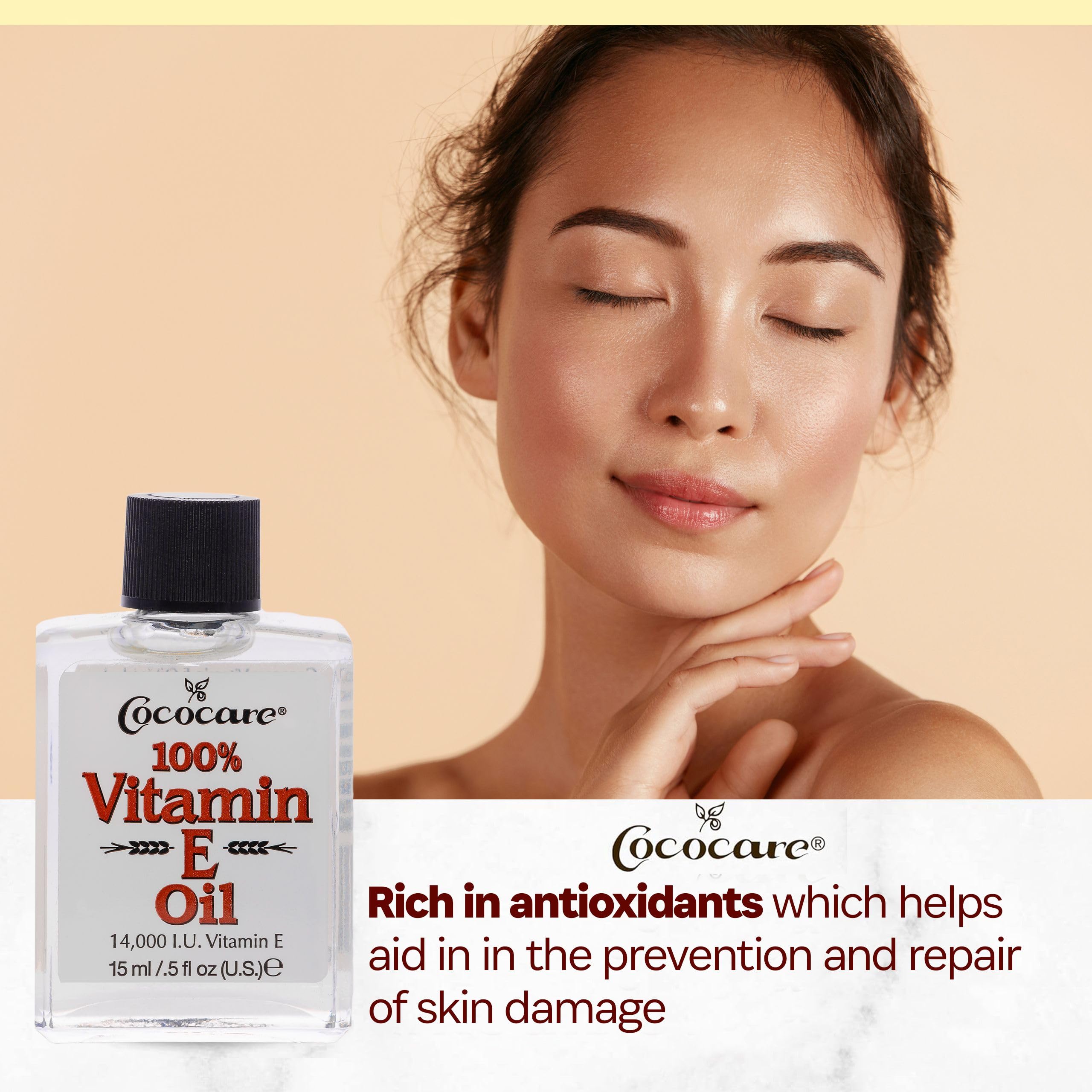 COCOCARE Vitamin E Oil drop on skin showing quick absorption and soothing nourishment