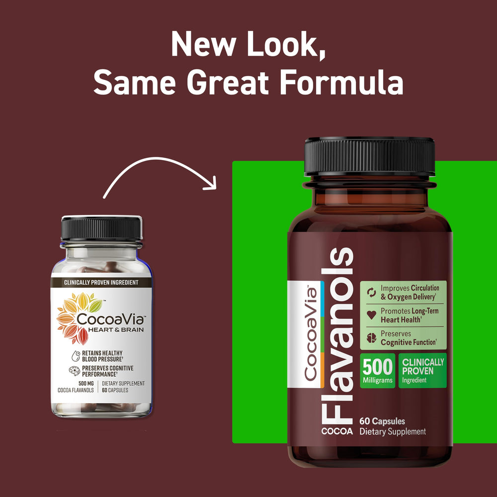 CocoVia cocoa flavanols capsules highlighting cognitive support and energy potential.