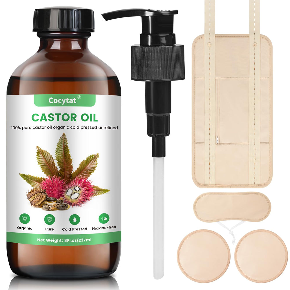 Cocytat Castor Oil Pack Wrap bottle shows pure 8oz oil for skin hydration.