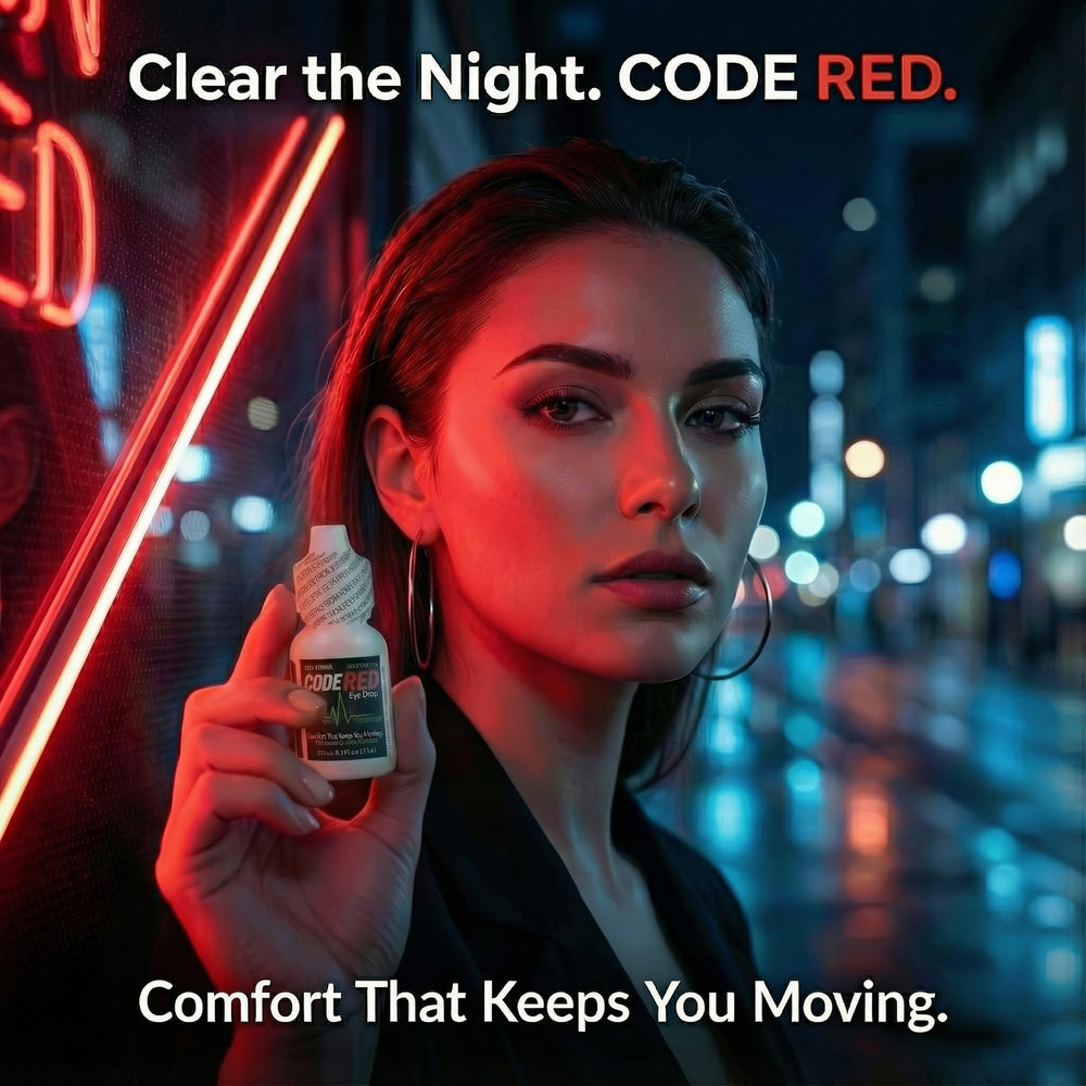 Code Red Eye Drops: primer plano de fórmula lubricante en acción